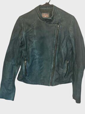 Free People Distressed Teal-Green Lambskin Leather Moto Jacket Size 2